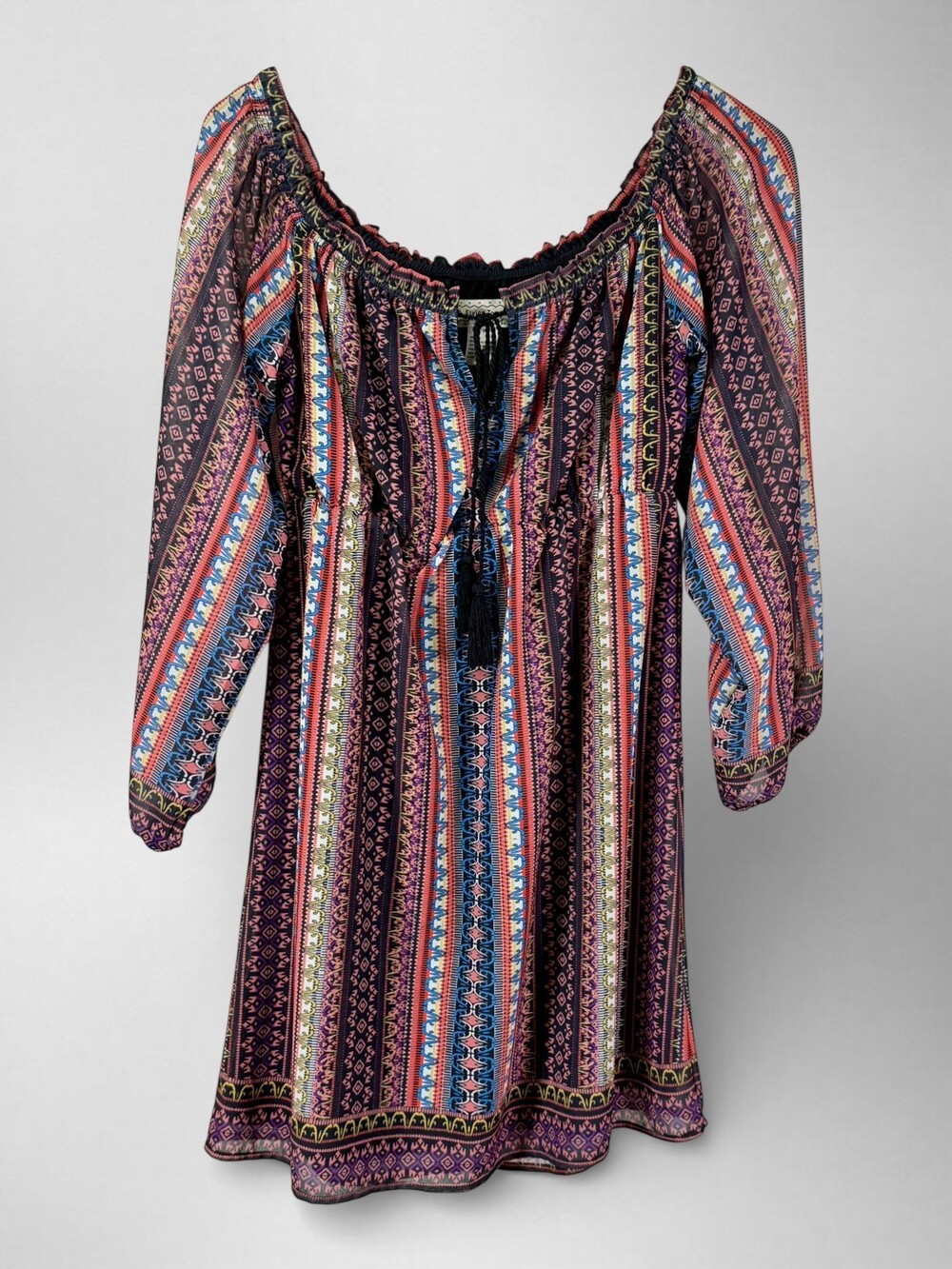 Flying Tomato Boho Off Shoulder Mini Dress with Tassels, Size S